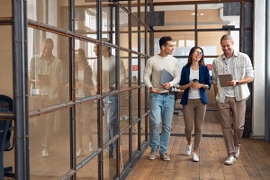 employees walking through office